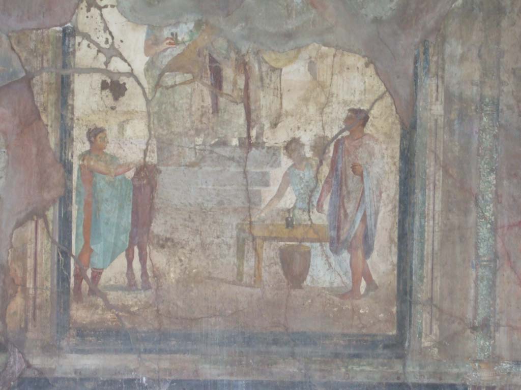 VI.16.7 Pompeii. May 2006. Room G, east wall of oecus. Wall painting of Jason, with one sandal only, stepping in front of Pelias.