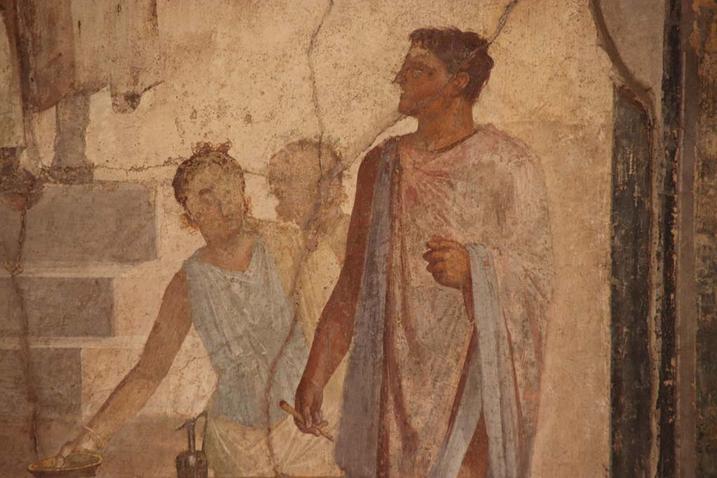 VI.16.7 Pompeii. September 2021. 
Room G, east wall of oecus, detail from painting showing upper part of Jason. Photo courtesy of Klaus Heese.
