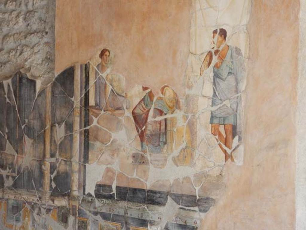 VI.16.7 Pompeii. May 2016. Room G, wall painting of Achilles with Briseis and Patroclus in his tent, from centre of south wall of oecus.  Photo courtesy of Buzz Ferebee.
