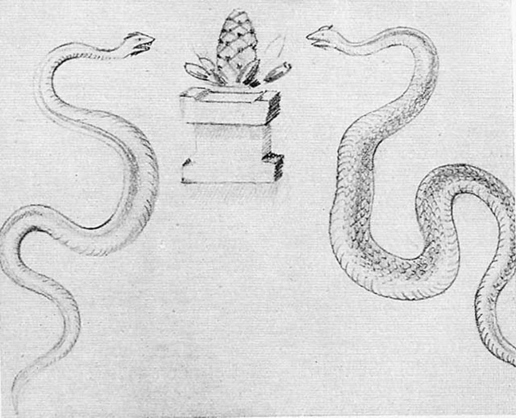 VI.16.12 Pompeii. Early 20th century sketch of lararium painting of two serpents and pine cone.
See Warscher, T., 1925. Pompeji: Ein Führer durch die Ruinen. Berlin und Leipzig: de Gruyter. (p.102, abb 21).
