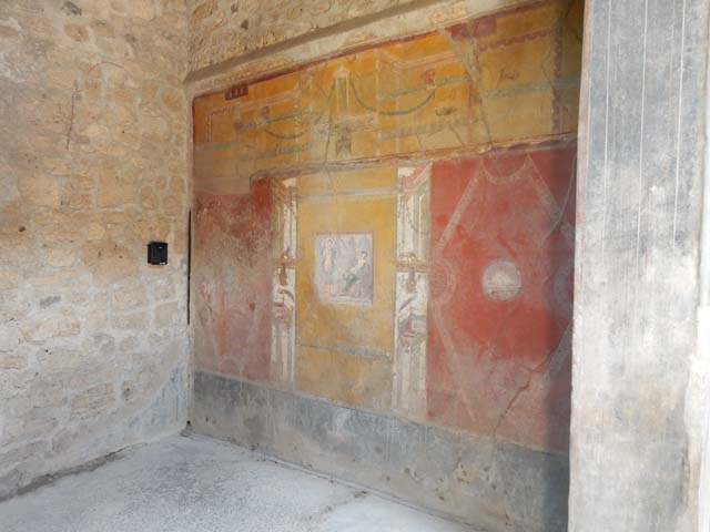 VI.16.15 Pompeii.  December 2006.   Wall painting of The Sleeping Ariadne.
East wall of room in centre of South wall of Atrium.  
