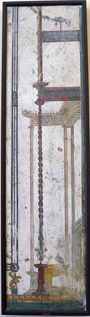 Pompeii Insula Occidentalis. Architectural scene, found 17 May 1760, beneath the Cuomo property.
Now in Naples Archaeological Museum. Inventory number 9709.
According to Grasso, these two architectural painted panel-ends would have had the function of separating the central panel of the wall from the side panels, the mythological painting of Andromeda and Perseus would have been displayed in the middle of the central panel.  Found in the centre of the side panels would have been the medallions with the painting called “Sappho” and the youth with the scroll. 
See Bragantini, I & Sampaolo, V (eds). 2009. La Pittura Pompeiana, (Electa), (p.524-5)
According to Pagano and Prisciandaro, inventory numbers 9709, 9866, 8624, 8804, 9085, 9710, 8805, 8587 were found in the same room.
See Pagano, M. and Prisciandaro, R., 2006. Studio sulle provenienze degli oggetti rinvenuti negli scavi borbonici del regno di Napoli.  Naples: Nicola Longobardi, p. 33.
See PAH 1, 1, 109, 17 Mayo 1760.
