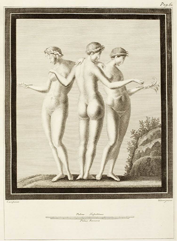 VI.17.31 or 36 Pompeii? Found on 12 July 1760 below the Irace property. Painting of the three graces.
See Antichità di Ercolano: Tomo Terzo, 1762, p. 57-61, pl. 11. (28th July 1760)
PAH 1, 1, 113 said -
6. de 25 on. por 22 on. - representa tres mugeres desnudas, la del medio tiene abrazadas las otras dos, y las de los lados tienen abrazado la del medio, y con la otra mano una palma, y es en campo azul claro, y todo es en campo rojo. 
approx. 0.55 x 0.48m - represents three nude women, the central woman has embraced the other two, and the two at the sides have embraced the woman in the middle, and with their other hand hold a palm, and it is in light blue, and set in a red field.
