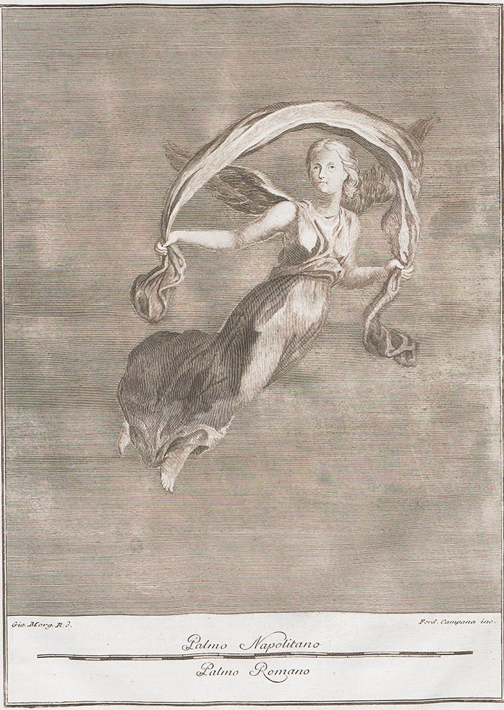 Podere di Irace. Pre-1779. Painting of another flying/floating figure.
According to AdE, described as – 
A winged woman, which can be seen in this painting with a yellow background, with blonde loose hair; the pink wings fading to white; the tunic of iridescent colour between light red and green; and the cloth which made an arch on the head was a peacock blue colour.
See Antichità di Ercolano: Tomo Setto: Le Pitture 5, 1779, (15, p.71).

