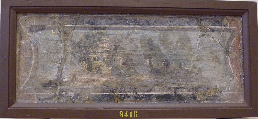 VI.17.25 Pompeii?
Wall painting of an architectural landscape. Now in Naples Archaeological Museum. Inventory number 9416.
This may or may not have been found in this house.
According to LR (Lucio Rocco) –
“9415 and 9416 – The two paintings provenanced from the same wall are united, as well as by the subject of river landscape with buildings among trees, by the shape of the frame with short curved sides.”

According to the index (p.544), these are from Casa del Leone, VI.Ins.Occ.25 (?).
See La Pittura Pompeiana, ed by Irene Bragantini and Valeria Sampaolo, (p.402-3)
