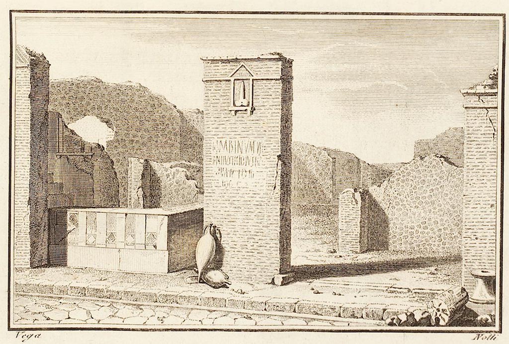 VI.17.4/3 Pompeii. 1771 drawing of entrances and plaque with electoral slogan underneath. 
In AdE the location is described as near the gate and along the ancient road of this city.
See Antichit di Ercolano: Tomo Sesto: Bronzi 2  Statue, 1771, vignette, p. 393.

