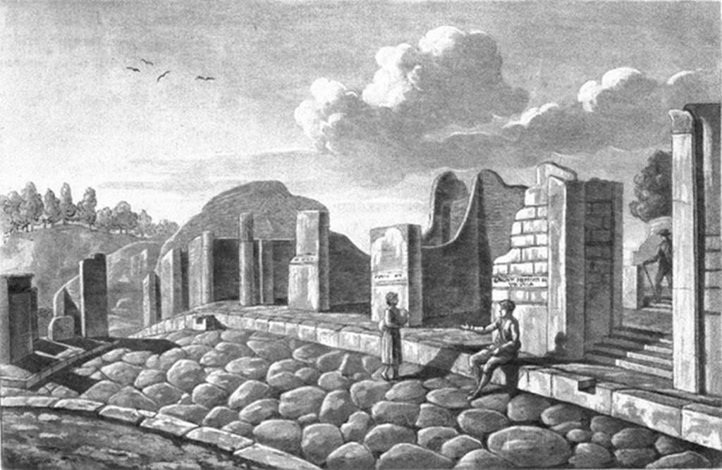 VI.17.34 Pompeii. 1819 drawing with title Maison de Julius Polybius. 
The two pillars of VI.17.34 can be seen to the left of the female figure in the centre of the picture.
VI.17.36 is on the left of centre of the drawing, with the step cut in the stone block in front of the kerb.
VI.17.32 is on the right, with the indentation in the kerb, and the steps up.
See Wilkins H, 1819. Suite des Vues Pittoresques des Ruines de Pompei, Rome, pl. XII.
