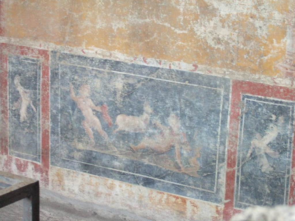 VI.17.42 Pompeii. May 2006. Triclinium 6, west wall with detail of a cupid hunting. The cupid on the left has a lance and a red mantle and is pursuing a deer that is moving to the right.