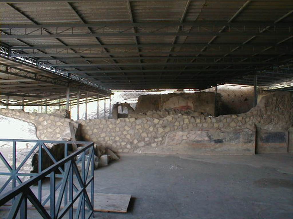 VI.17.42 Pompeii. September 2004. Triclinium 9, looking north on upper level.
In the north wall at the east end (on right), the decorated recess for the couch can be seen, as well as remains of the flooring.
On a black plinth, a yellow moulded cornice marks the attachment of the black zoccolo/dado closed at the top by a red band. 
See Carratelli, G. P., 1990-2003. Pompei: Pitture e Mosaici.VI. (6). Roma: Istituto della enciclopedia italiana, p. 59.
