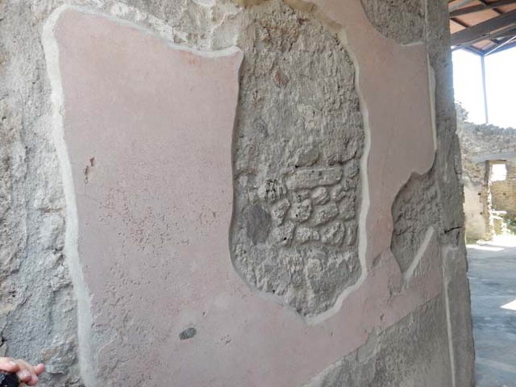 VII.1.40 Pompeii. May 2017. West wall of vestibule/entrance corridor, with remains of painted wall decoration with red middle zone and black lower zoccolo. Photo courtesy of Buzz Ferebee. 

