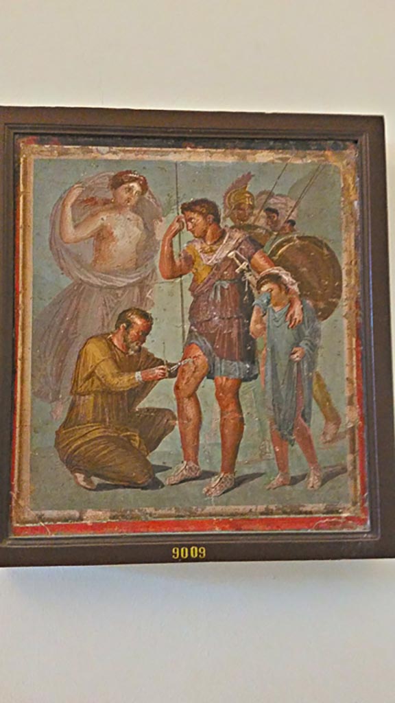 VII.1.47 Pompeii. Wall painting of the Wounded Aeneas.
Now in Naples Archaeological Museum, inv. 9009.
Photo courtesy of Giuseppe Ciaramella, November 2018.
