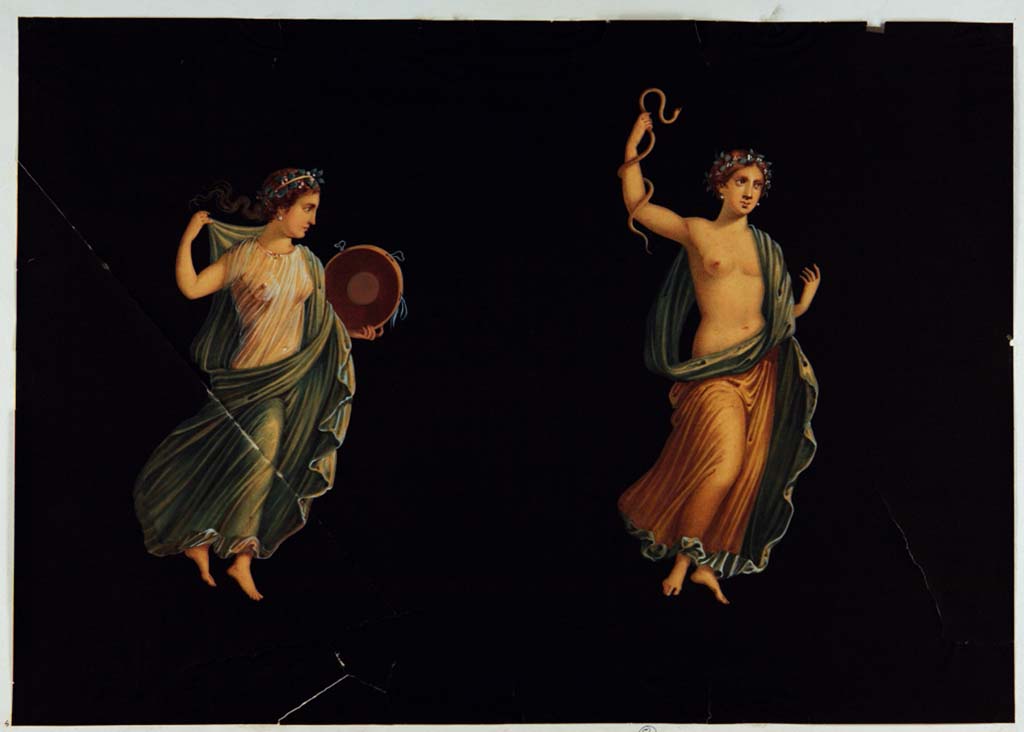 VII.1.47 Pompeii. Room 8, Maenads in flight from side panels with black background. 
Copy painting by Antonio Ala, not signed but attributed to him, the Maenads have now faded. 
Now in Naples Archaeological Museum. Inventory number ADS 496.
Photo © ICCD. http://www.catalogo.beniculturali.it
Utilizzabili alle condizioni della licenza Attribuzione - Non commerciale - Condividi allo stesso modo 2.5 Italia (CC BY-NC-SA 2.5 IT)
See Helbig, W., 1868. Wandgemälde der vom Vesuv verschütteten Städte Campaniens. Leipzig: Breitkopf und Härtel, (485, 494).
