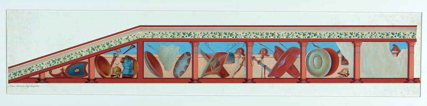 VII.1.47/25 Pompeii. c.1852-55. Watercolour of frieze from west wall of peristyle 19, showing various weapons by Michele Mastracchio. 
Now in Naples Archaeological Museum. Inventory number ADS 1206.
Photo © ICCD. http://www.catalogo.beniculturali.it
Utilizzabili alle condizioni della licenza Attribuzione - Non commerciale - Condividi allo stesso modo 2.5 Italia (CC BY-NC-SA 2.5 IT)

PPM writes -
According to Fiorelli, the walls that closed the peristyle on two sides, of various coloured marbles, had a frieze showing gladiators’ weapons, today lost/vanished. (GDS 1862, pp.21-22).

The impact of the flow of ashes had so broken the walls but the paintings at least could have been drawn by intelligent designers who came to portray the beautiful different weapons, such as helmets, shields, etc, which were seen in the guise of a frieze decorating the top of the western wall of the second courtyard [peristyle 19] (ten palms from the ground (approximately 8ft up from the soil), which makes it very likely that these paintings, made by Michele Mastracchio, preserve the only memory of these painted decorations.
See Carratelli, G. P., 1990-2003. Pompei: Pitture e Mosaici, VI. Roma: Istituto della enciclopedia italiana, p.304 and figs 141 a-c. 

