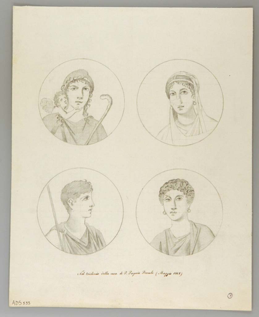 VII.2.6 Pompeii. Drawing (May 1868) by anonymous painter of four medallions, (now disappeared), from triclinium in north-west corner of atrium.
These are the same as above drawings by La Volpe, which are attributed to the corridor, on the south side of the same triclinium.
Now in Naples Archaeological Museum. Inventory number ADS 533.
Photo  ICCD. http://www.catalogo.beniculturali.it
Utilizzabili alle condizioni della licenza Attribuzione - Non commerciale - Condividi allo stesso modo 2.5 Italia (CC BY-NC-SA 2.5 IT)
