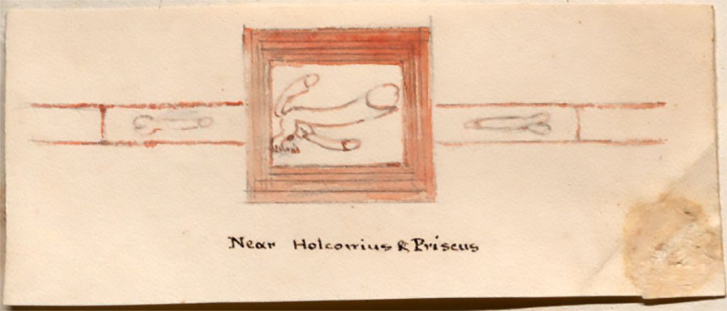 VII.2.31 and VII.2.32 Pompeii. 7th August 1824? Sketch by William Gell of plaque with phallus, near Holconius and Priscus. 
On the back is a note "Indecent figures in brick work 7 8 24".
See Gell, W. Pompeii unpublished [Dessins de l'dition de 1832 donnant le rsultat des fouilles post 1819 (?)] vol II, pl. 92 verso.
Bibliothque de l'Institut National d'Histoire de l'Art, collections Jacques Doucet, Identifiant numrique Num MS180 (2).
See book in INHA Use Etalab Licence Ouverte
