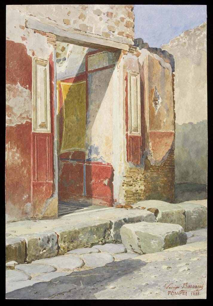 VII.2.45 Pompeii. 1888. Watercolour by Luigi Bazzani.
Looking towards entrance doorway, and painted east wall of entrance corridor.
Photo © Victoria and Albert Museum. Inventory number 113-1889.
