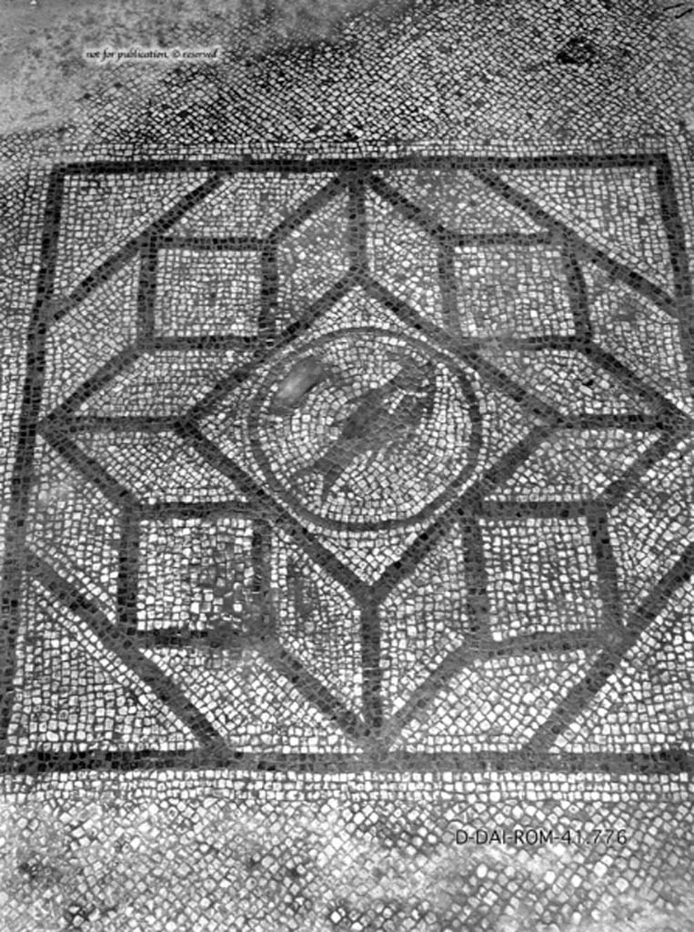 VII.3.21 Pompeii. c.1930. Mosaic flooring in oecus/triclinium, detail of central emblema.
DAIR 41.776. Photo  Deutsches Archologisches Institut, Abteilung Rom, Arkiv.
See Pernice, E.  1938. Pavimente und Figrliche Mosaiken: Die Hellenistische Kunst in Pompeji, Band VI. Berlin: de Gruyter, (tav. 49.4).
According to PPM, the central fish in the inner circle was perfectly preserved in the 1930s, but now (1979) all that remains is the tip of a fin.
See Carratelli, G. P., 1990-2003. Pompei: Pitture e Mosaici. Vol. VI. Roma: Istituto della enciclopedia italiana, (p. 881).
