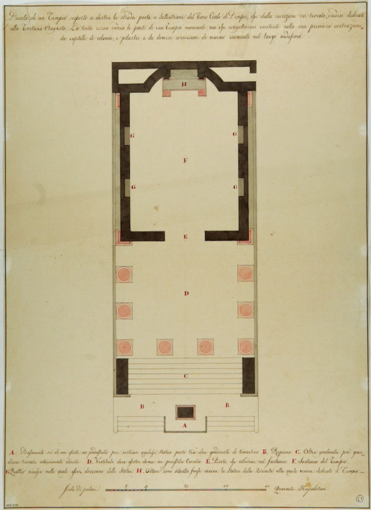 VII.4.1 Pompeii. Drawing with watercolours, by Antonio Bonucci, of plan of Temple.
He wrote that the parts painted pink indicated -
“the missing parts but conjectured as existing in its first construction by the capitals of the columns and pilasters and by several marble entablatures found in the same place.”
Under the plan, he wrote –
A. Base, on which was a pedestal which supported some statue placed between two travertine steps.
B. Terrace.
C. Other grander steps found entirely ruined.
D. Vestibule, where a Corinthian Peristyle would have existed.
E. Door, which introduced into the Sanctuary of the Temple.
F. Temple.
G. 4 niches in which some statues would have been placed.
H. Altar, where the statue of the Divinity would have been placed, to whom the Temple was dedicated. 
Now in Naples Archaeological Museum. Inventory number ADS 570.
Photo © ICCD. http://www.catalogo.beniculturali.it
Utilizzabili alle condizioni della licenza Attribuzione - Non commerciale - Condividi allo stesso modo 2.5 Italia (CC BY-NC-SA 2.5 IT)
