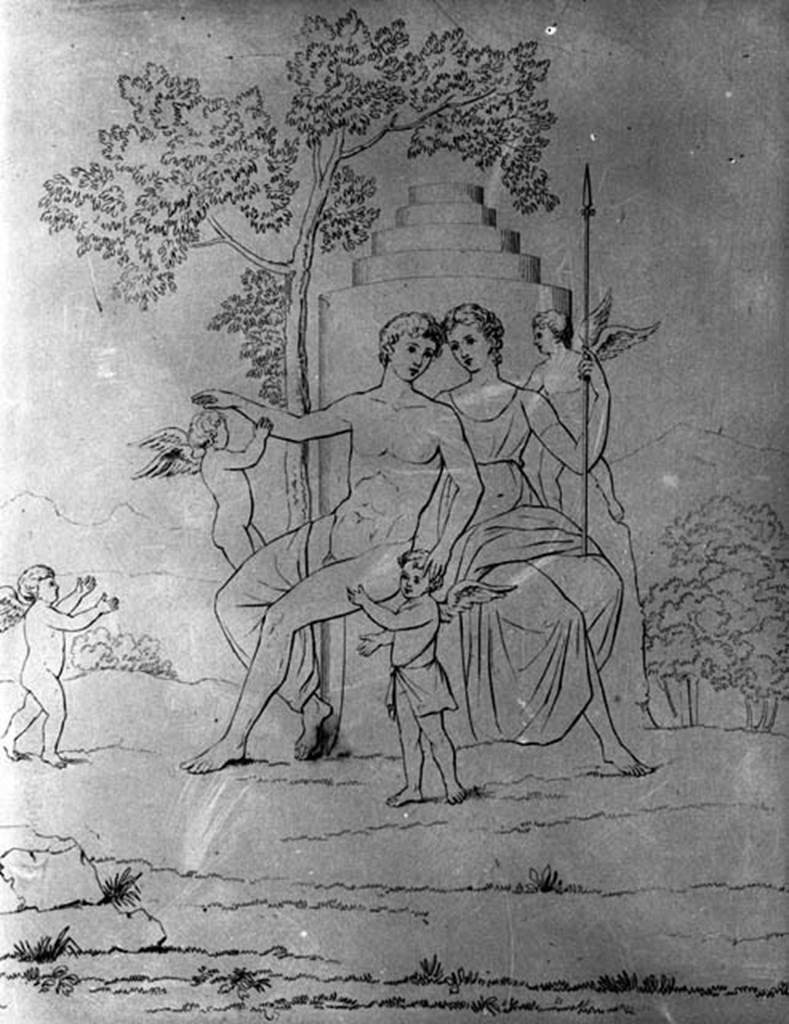 231144 Bestand-D-DAI-ROM-W.14.jpg
VII.4.10 Pompeii. W.14. Drawing of painting of Adonis and Venus with three cupids.
According to Bragantini, this was found in oecus (8), a room on the north of the entrance corridor. 
See Gell, W, 1832.  Pompeiana: Vol 2.  London: Jennings and Chaplin.  (p.66, pl. XII)
See Helbig, W., 1868. Wandgemälde der vom Vesuv verschütteten Städte Campaniens. Leipzig: Breitkopf und Härtel. (339)
