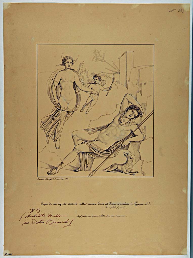 VII.4.29 Pompeii. Drawing of Selene and Endymion by Giuseppe Marsigli, 1834, written below was 
Copy of a painting existing in the new Casa del Forno a riverbero in Pompeii (corrected to in the capitelli figurati).
The house of the figured capitals is the house at the rear of this one and is linked to it.
Now in Naples Archaeological Museum. Inventory number ADS 668.
Photo  ICCD. https://www.catalogo.beniculturali.it/
Utilizzabili alle condizioni della licenza Attribuzione - Non commerciale - Condividi allo stesso modo 2.5 Italia (CC BY-NC-SA 2.5 IT)
