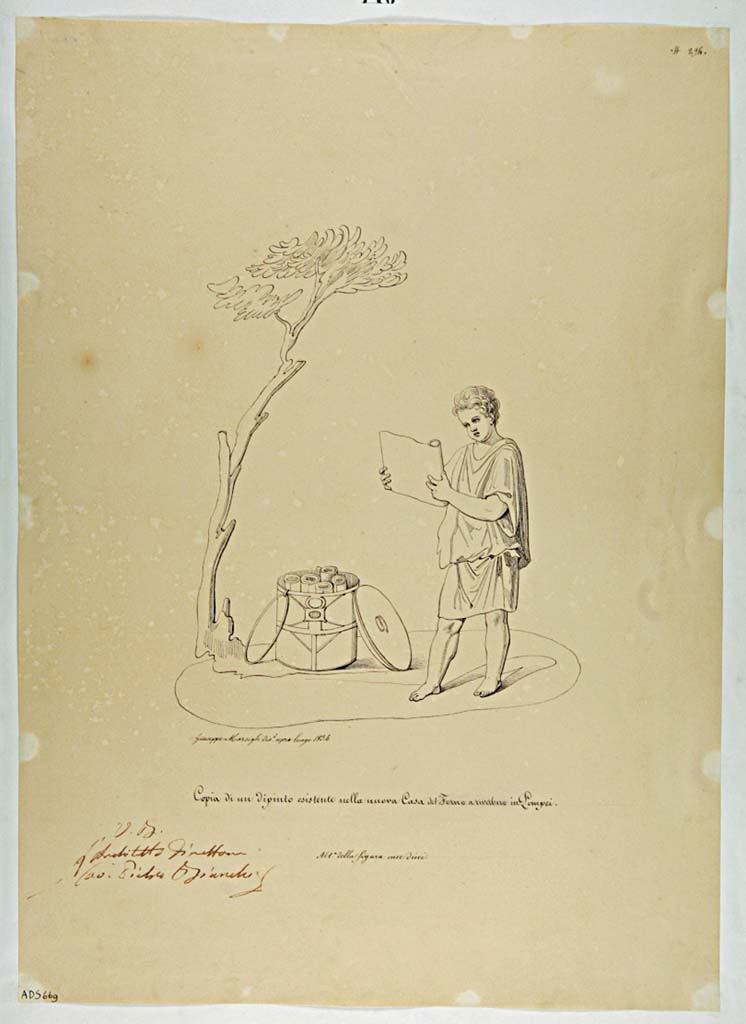 VII.4.29 Pompeii. Drawing by Giuseppe Marsigli, 1834, of boy opening a scroll with round box of scrolls at his feet.
Copy of a painting existing in the new Casa del Forno a riverbero in Pompeii. (Helbig 1419).
Now in Naples Archaeological Museum. Inventory number ADS 669.
Photo  ICCD. https://www.catalogo.beniculturali.it/
Utilizzabili alle condizioni della licenza Attribuzione - Non commerciale - Condividi allo stesso modo 2.5 Italia (CC BY-NC-SA 2.5 IT)
See Helbig, W., 1868. Wandgemlde der vom Vesuv verschtteten Stdte Campaniens. Leipzig: Breitkopf und Hrtel, 1419.
