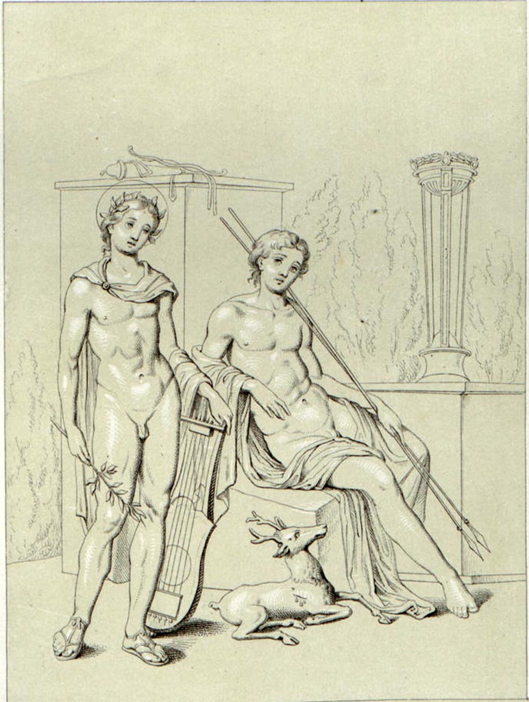 VII.4.31/51 Pompeii. 
Drawing by Abbate of a seated Cyparissus, on the right with a stag by his side, and Apollo standing on the left.
See Niccolini, F., 1854. Le Case ed i Monumenti di Pompei: Book 1, Casa dei Capitelli Colorati, Tav. III.
