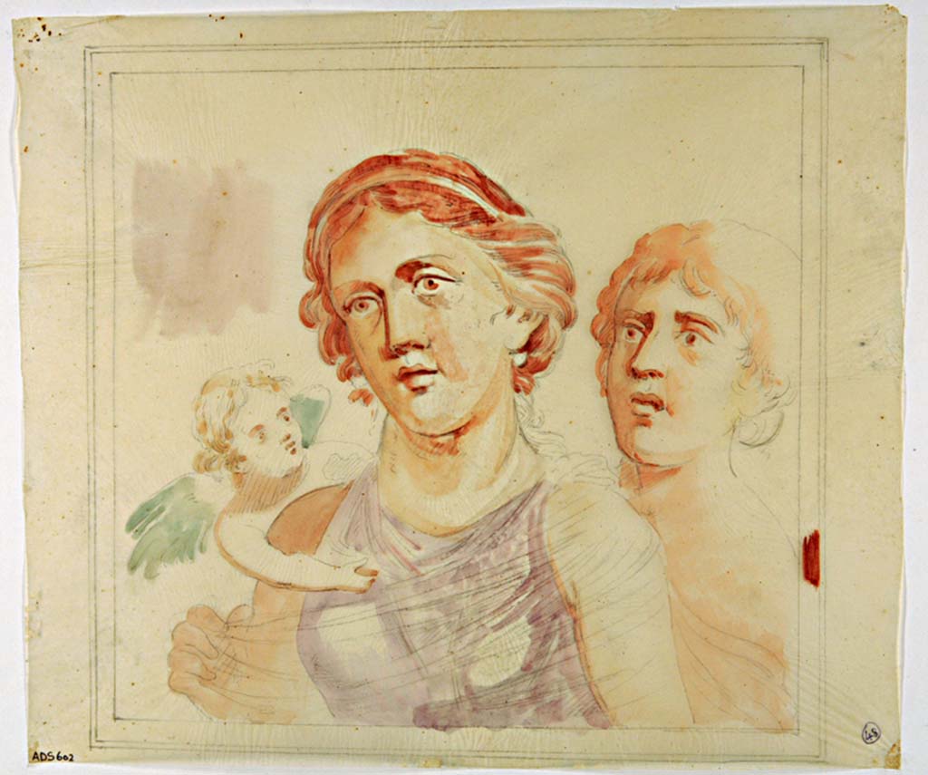 VII.4.31/51 Pompeii. Painting by Antonio Ala showing detail from a wall in room 12, now faded.
The female figures and cupid have been interpreted as Helen and the nurse. 
This may be the painting in the centre of the west wall at its south end, see above. 
See Helbig, W., 1868. Wandgemälde der vom Vesuv verschütteten Städte Campaniens. Leipzig: Breitkopf und Härtel, (1428).
Now in Naples Archaeological Museum. Inventory number ADS 602.
Photo © ICCD. http://www.catalogo.beniculturali.it
Utilizzabili alle condizioni della licenza Attribuzione - Non commerciale - Condividi allo stesso modo 2.5 Italia (CC BY-NC-SA 2.5 IT)
