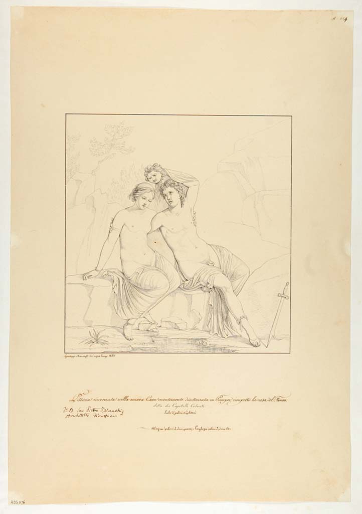 VII.4.31/51 Pompeii. Drawing by Giuseppe Marsigli, 1833, of a painting then recently found in this house showing Perseus and Andromeda. 
Now in Naples Archaeological Museum. Inventory number ADS 576.
Photo © ICCD. http://www.catalogo.beniculturali.it
Utilizzabili alle condizioni della licenza Attribuzione - Non commerciale - Condividi allo stesso modo 2.5 Italia (CC BY-NC-SA 2.5 IT)
The original wall painting is now in Naples Archaeological Museum, inventory number 8996.
