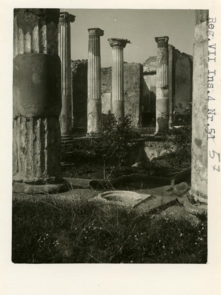 VII.4.31/51 Pompeii but shown as VII.4.57 on photo. Pre-1937-39. 
Looking across middle peristyle towards north-west corner.
Photo courtesy of American Academy in Rome, Photographic Archive. Warsher collection no. 1461.

