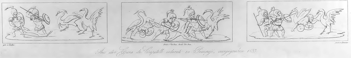 VII.4.31/51 Pompeii. Triclinium. 1842 drawing of three small pinakes of pygmies fighting with cranes.
The left-hand drawing is from the south wall, the centre and right are from left and right parts of the north wall respectively.
See Zahn, W., 1842. Die schönsten Ornamente und merkwürdigsten Gemälde aus Pompeji, Herkulanum und Stabiae: II. Berlin: Reimer, Taf. 30.
See Carratelli, G. P., 1990-2003. Pompei: Pitture e Mosaici: Vol. VI. Roma: Istituto della enciclopedia italiana, p. 1053.
