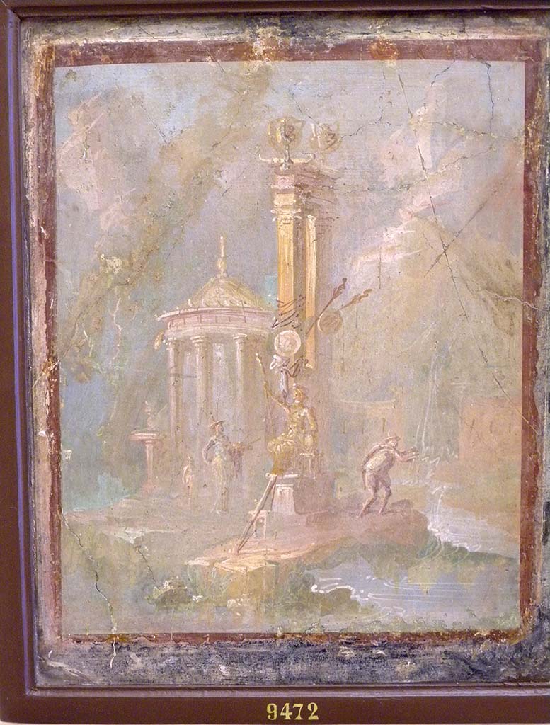VII.4.31/51 Pompeii. Room 21, south wall of triclinium. Sacred landscape painting with seated figure, tholos and tall architectural feature with two golden urns on top..
Now in Naples Archaeological Museum. Inventory number 9472.

