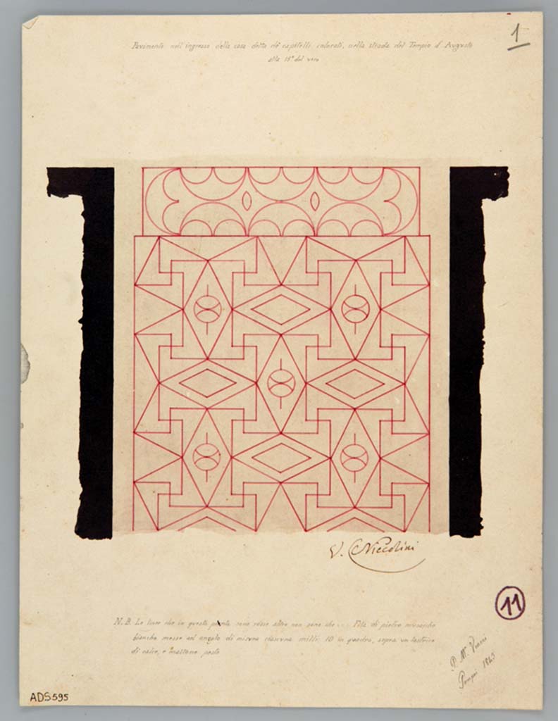 VII.4.31/51 Pompeii. Drawing by Pasquale Maria Veneri, 1843, of flooring at the entrance.
There is a note that reads the lines that are shown in red, are rows of white mosaic stones.
Now in Naples Archaeological Museum. Inventory number ADS 595.
Photo  ICCD. http://www.catalogo.beniculturali.it
Utilizzabili alle condizioni della licenza Attribuzione - Non commerciale - Condividi allo stesso modo 2.5 Italia (CC BY-NC-SA 2.5 IT)
