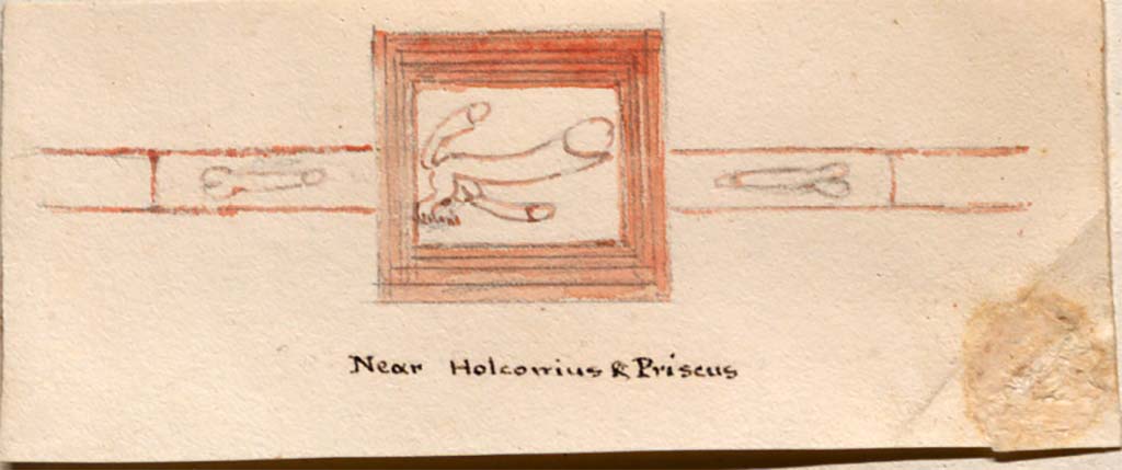 VII.4.32 Pompeii. Drawing by Gell of phalli from the faade of the shop, near the entrance and inscription for Holconius and Priscus.
See Gell, W. Pompeii unpublished [Dessins de l'dition de 1832 donnant le rsultat des fouilles post 1819 (?)] vol II, pl. 92 verso.
Bibliothque de l'Institut National d'Histoire de l'Art, collections Jacques Doucet, Identifiant numrique Num MS180 (2).
See book in INHA Use Etalab Licence Ouverte

