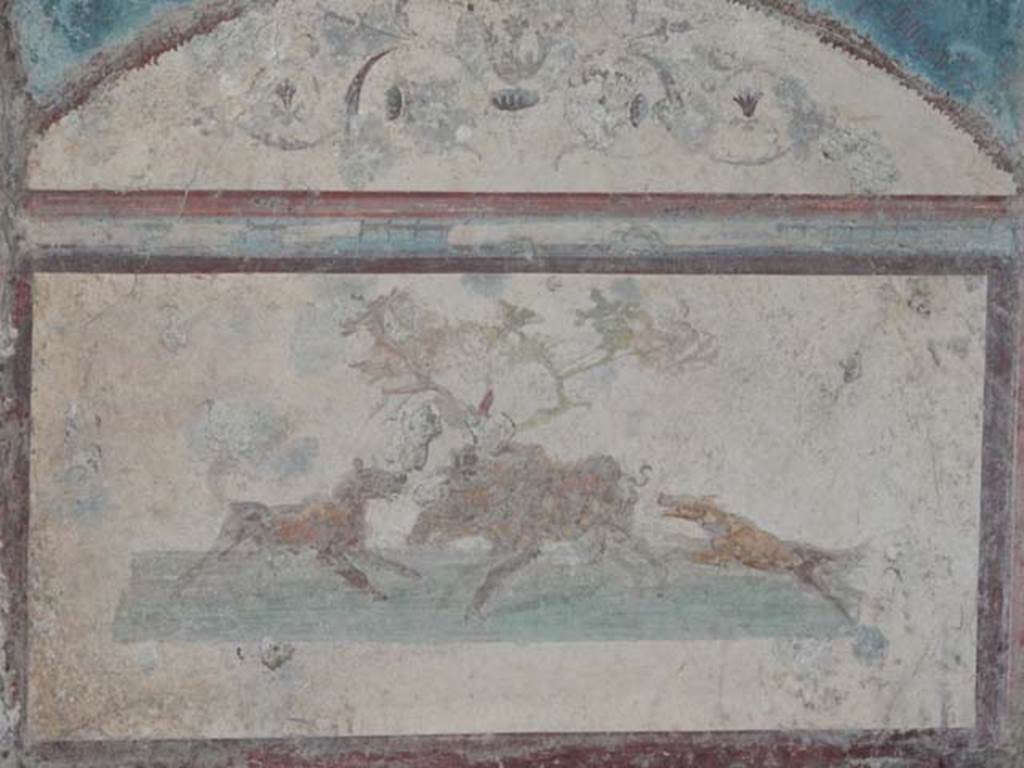 VII.4.48 Pompeii. May 2015. Room 11, detail from south wall of tablinum in south-west corner. Photo courtesy of Buzz Ferebee.
