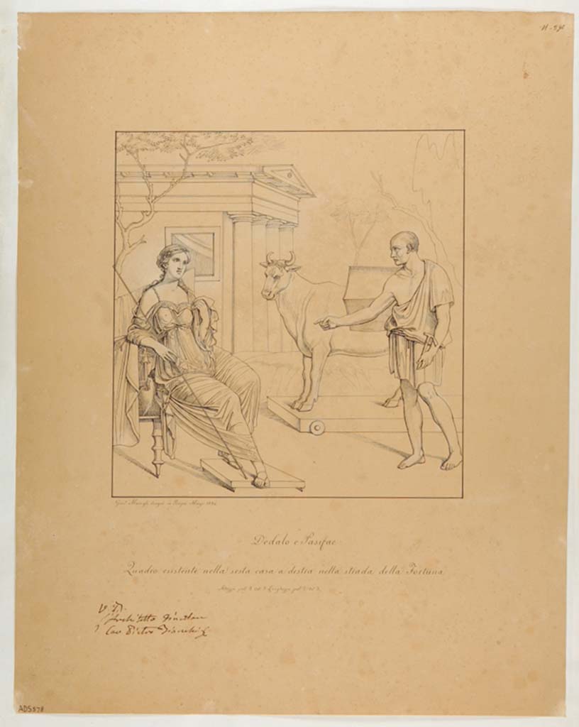VII.4.48 Pompeii. Room 11, wall painting from centre of west wall.  
Drawing by Giuseppe Marsigli, March 1834, of painting of Daedalus and Pasiphae.
Now in Naples Archaeological Museum. Inventory number ADS 578.
Photo © ICCD. https://www.catalogo.beniculturali.it/
Utilizzabili alle condizioni della licenza Attribuzione - Non commerciale - Condividi allo stesso modo 2.5 Italia (CC BY-NC-SA 2.5 IT)
See Helbig, W., 1868. Wandgemälde der vom Vesuv verschütteten Städte Campaniens. Leipzig: Breitkopf und Härtel. (1206). 
According to Helbig, an allegedly identical painting was found on the entrance pillar of VI.7.9. 
See Helbig, W., 1868. Wandgemälde der vom Vesuv verschütteten Städte Campaniens. Leipzig: Breitkopf und Härtel. (1207).
This painting was also copied by N. La Volpe, and reproduced in MB XIV, tav.1.
See Real Museo Borbonico XIV, Ta. 1.
