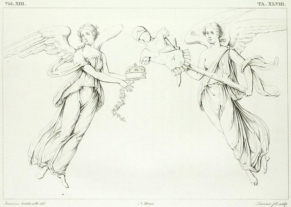 VII.4.48 Pompeii. Pre 1843. Drawing by Gennaro Maldarelli of two floating figures.
Room 11, the one on the left is from the south end of the west wall in the tablinum.
The one on the right is from the south end of the east wall of the tablinum.
See Real Museo Borbonico, vol. XIII (13), 1843, Tav. XLVIII (48).
