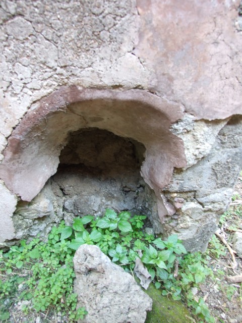 VII.4.56 Pompeii.  March 2009.  Room 1. Atrium.  North wall and north east corner, with recess.  Under the dead ivy in the top left hand corner are 2 lararium niches.

