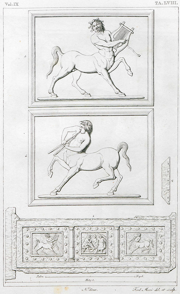 VII.4.57 Pompeii. 1833. Room 7, tablinum. Drawing by F. Mori of bronze chest cladding.
See Real Museo Borbonico Vol. IX, 1833, Tav. 58.
Avellino describes these as:
Fig. 1 (bottom). Existing parts of the external cladding of the main face of the bronze case, in the way that it was believed they should have been matched together, 
Fig. 2 (right). Strip of bronze belonging to the lining of one of the sides. 
Fig. 3 (top). Bronze bas-relief of the Centaur that adorned the wooden chest. 
Fig. 4 (centre). Bronze bas-relief of the female Centaur which adorned the chest itself.
See Avellino, F. M. Descrizione di una Casa Pompejana Disotterrata in Pompeii nell’anno 1831, 1832, 1833 la terza alle spalle del tempio della Fortuna Augusta. Naples, 1837, Tav. V, p. 45, 46 et seq.
The two centaurs are now in Naples Archaeological Museum. Inventory numbers 72822, 72824.

