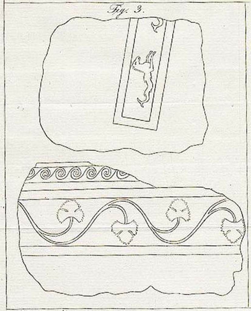 VII.4.59 Pompeii. 1840 drawing of fragments from cubiculum h, in north-east corner of atrium e.
See Avellino F., 1843. Descrizione di una casa disotterrata in Pompei negli anni 1832, 1833 e 1834., Napoli, Memorie della R. Acc. Ercolanese III, 1843, Tav II, fig. 3.
See Hanoune R., A and M De Vos, 1985. Gli acquarelli pompeiani di F. Boulanger [Casa dei Bronzi, Casa del labirinto], MEFRA 1985. p. 867, fig. 16. 
