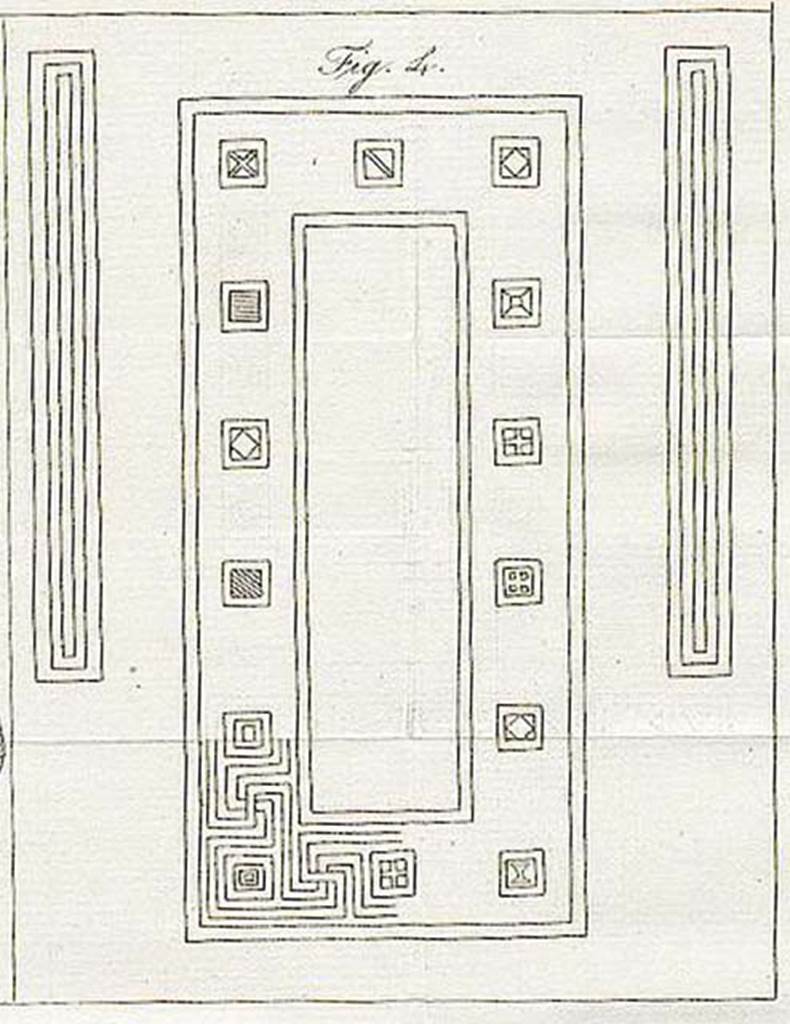 VII.4.59 Pompeii. 1840 drawing of mosaic floor, cubiculum i.
See Avellino F., 1843. Descrizione di una casa disotterrata in Pompei negli anni 1832, 1833 e 1834., Napoli, Memorie della R. Acc. Ercolanese III, 1843, Tav II, fig. 4.
See Hanoune R., A and M De Vos, 1985. Gli acquarelli pompeiani di F. Boulanger [Casa dei Bronzi, Casa del labirinto], MEFRA 1985. p. 867, fig. 16. 
