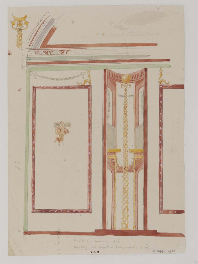 VII.4.62 Pompeii. c.1840. Painting by James William Wild of south end of west wall of vaulted cubiculum. 
Photo  Victoria and Albert Museum, inventory number E.3990-1938.
