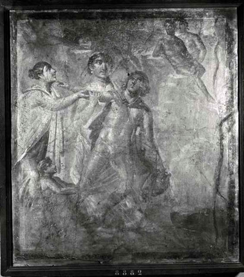 VII.4.62 Pompeii. Triclinium 7, north wall, fresco of the rape of Hylas.
Now in Naples Archaeological Museum.  Inventory number 8882.
See Staub Gierow M., 2000. Casa delle forme di creta (VII.4.61-63): Hauser in Pompeji Band 10, DAI. Mnchen: Hirmer, p. 100, figs. 352-3.
