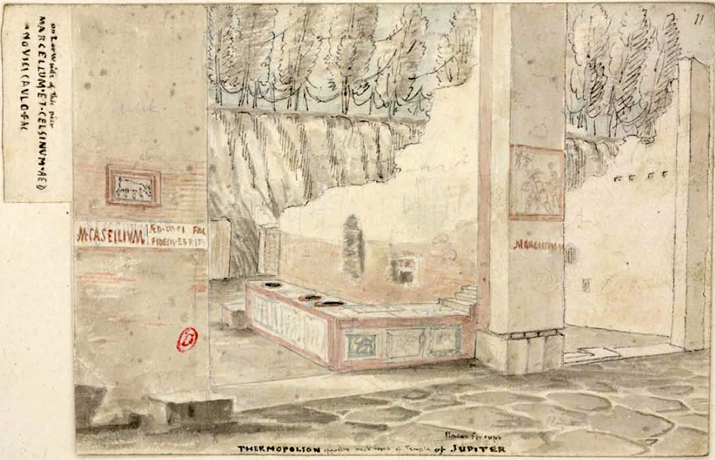 VII.5.15 Pompeii, on right. Between 1819 and 1832, sketch by W. Gell showing position of fresco of gladiators. 
Thermopolion opposite back front of Temple of Jupiter.
On L or W side of this pier
MARCELLVM ET CELSINVM AED
NOVICI CAVLO FAC
See Gell, W. Pompeii unpublished [Dessins de l'dition de 1832 donnant le rsultat des fouilles post 1819 (?)] vol II, pl. 72.
Bibliothque de l'Institut National d'Histoire de l'Art, collections Jacques Doucet, Identifiant numrique Num MS180 (2).
See book in INHA Use Etalab Licence Ouverte
