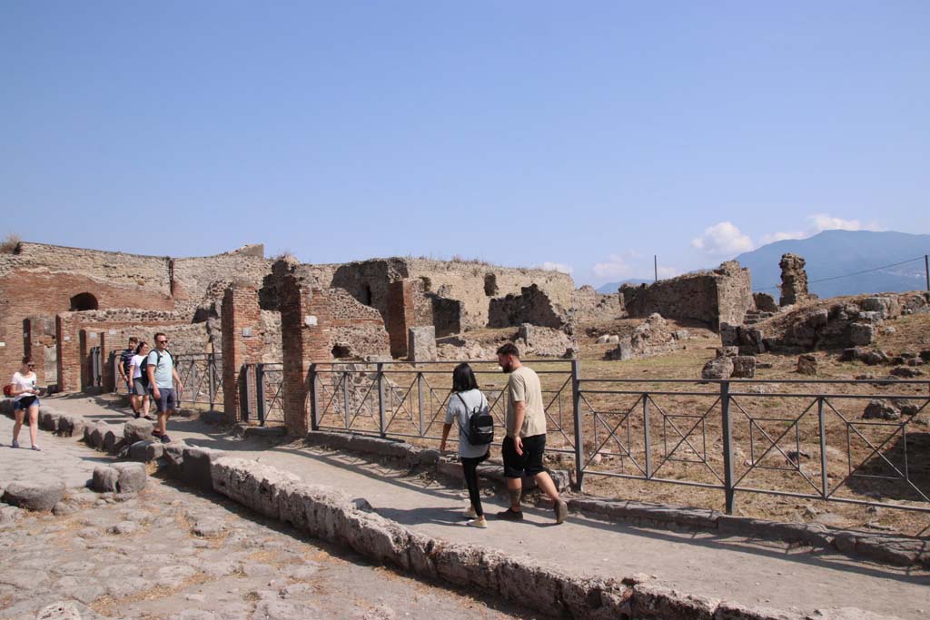 VII.6.7 Pompeii. September 2019. 
Looking south-east from Via delle Terme towards entrance doorway, between brick pilaster, centre left.
In the centre and right of the photo, would be the areas of VII.6.6, VII.6.5 and VII.6.4.
Photo courtesy of Klaus Heese.
