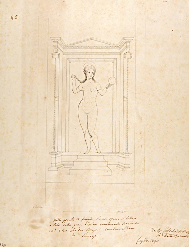 VII.6.13/14 Pompeii. Drawing by Giuseppe Abbate, 1840, copy of a painting of Venus with her mirror, from the wall in front of a sort of shop, at the side of the Large Baths.
Two paintings were found, this one from the rear wall was detached and taken to Naples Archaeological Museum, inventory number 28873. 
The other presumably was left and lost, see also VII.6.14.
Now in Naples Archaeological Museum. Inventory number ADS 692.
Photo  ICCD. http://www.catalogo.beniculturali.it
Utilizzabili alle condizioni della licenza Attribuzione - Non commerciale - Condividi allo stesso modo 2.5 Italia (CC BY-NC-SA 2.5 IT)
