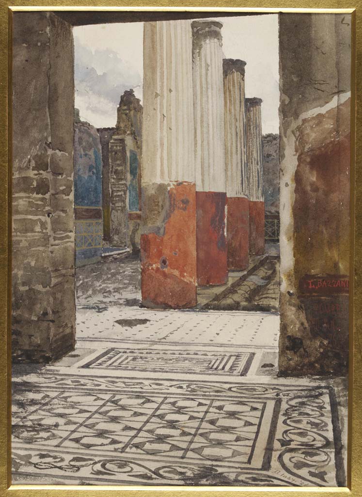 VII.7.5 Pompeii. 13th September 1876. Watercolour by Luigi Bazzani.
Looking south across mosaic flooring in corridor (r) leading to peristyle (l), and north portico.
Photo © Victoria and Albert Museum. Inventory number 1067-1886.
