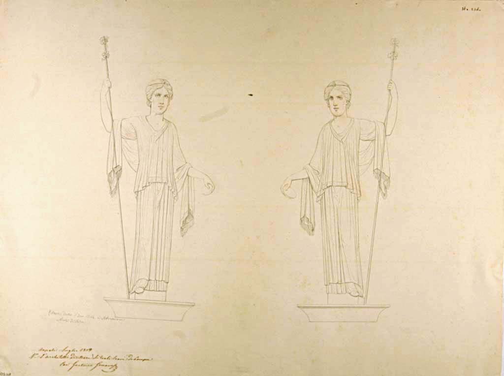 VII.7.19? Pompeii. Drawing by Nicola La Volpe, 1859?, of Maenads.
These being described as “from the house to the north at the rear of the civil forum”.
These were not identified in situ, and therefore dubiously attributed to this house on the base of the captions.
Now in Naples Archaeological Museum. Inventory number ADS 708.
Photo © ICCD. https://www.catalogo.beniculturali.it
Utilizzabili alle condizioni della licenza Attribuzione - Non commerciale - Condividi allo stesso modo 2.5 Italia (CC BY-NC-SA 2.5 IT)
