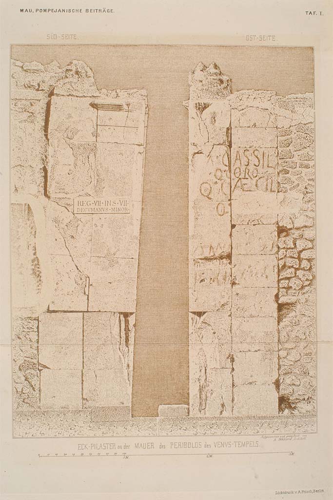 VII.7.32, Pompeii. South-east corner of Temple, on the left is the south face of the corner pilaster.
On the right, with graffiti, is the east face of the corner pilaster.
See Mau A., 1879. Pompejanische Beiträge. Berlin: Reimer, Tav. I.
Foto Taylor Lauritsen, ERC Grant 681269 DÉCOR.
