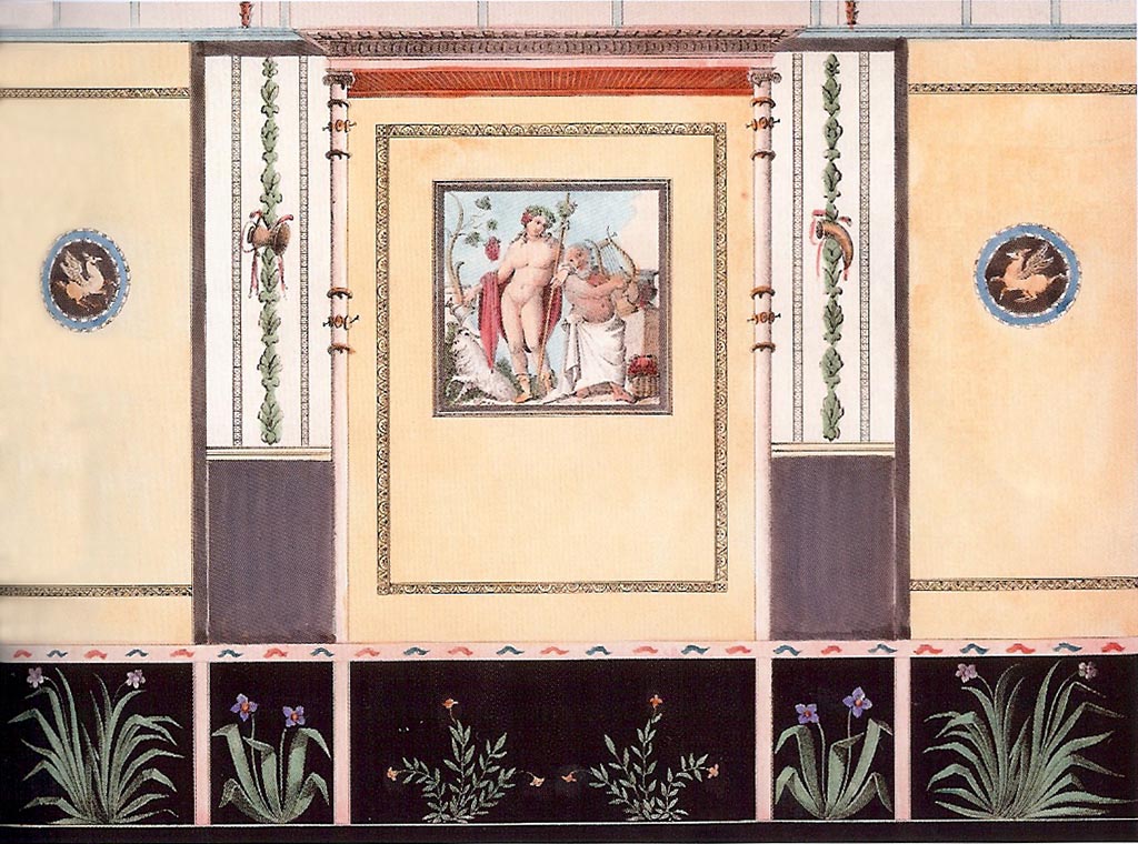VII.7.32 Pompeii. 1834 painting of the wall of the small room with the painting of Bacchus and Silenus.
Bacchus was holding the thyrsus in one hand and an upended cup in the other; Silenus was playing his lyre for the god. 
Mazois could not understand why the artist had drawn a Billy goat rather than the panther seen in the original.
See Mazois, F., 1838. Les Ruines de Pompei : Quatrième Partie. Paris: Didot Frères, p. 39, note (1), pl. XLII.
