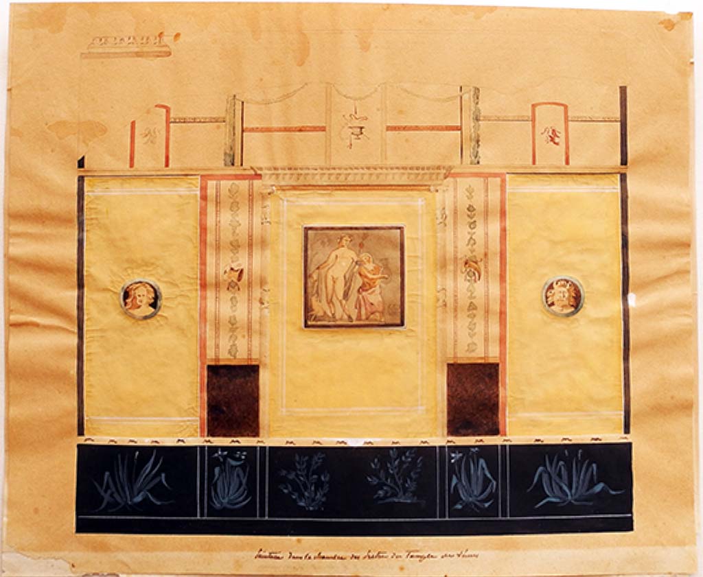 VII.7.32 Pompeii. c.1832. 
Painting by Edmond Chambert, showing wall with central painting of Bacchus and Silenus, from the small room at the rear, opposite the entrance doorway.
See Chambert, E., 1832. Dessins de Pompeia. (p.19).
